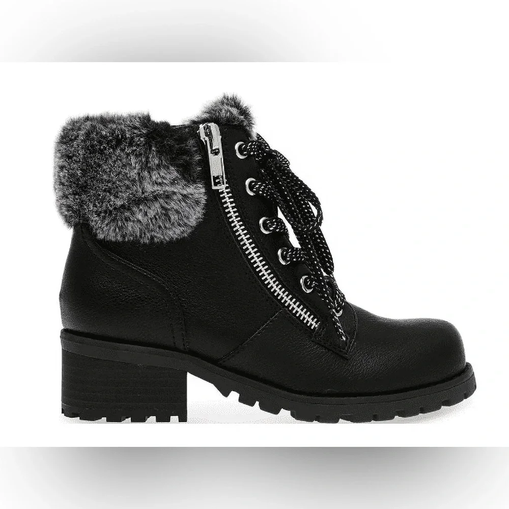 Dolce Vita Rhodah Black Combat Faux Fur-Trimmed Ankle Zip or Tie Boots Sz 4 BNWB